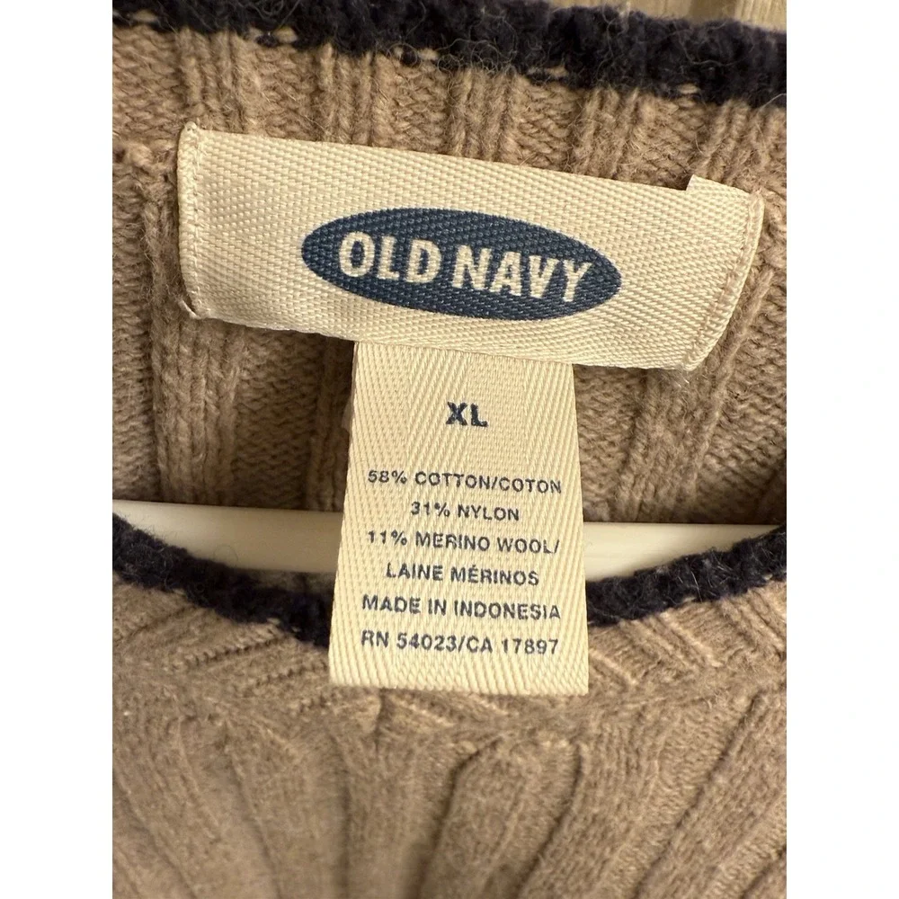 Old Navy Mens Ribbed V Neck Sweater Beige With Navy Blue Trim Pullover Size‎ XL